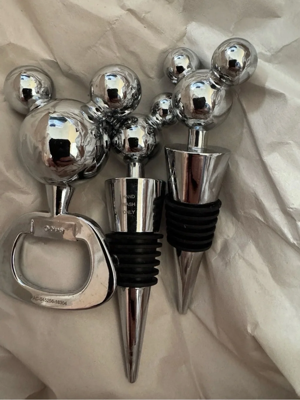 Silver Mickey-Style Wine Stopper and Bottle Opener Set - Unbranded